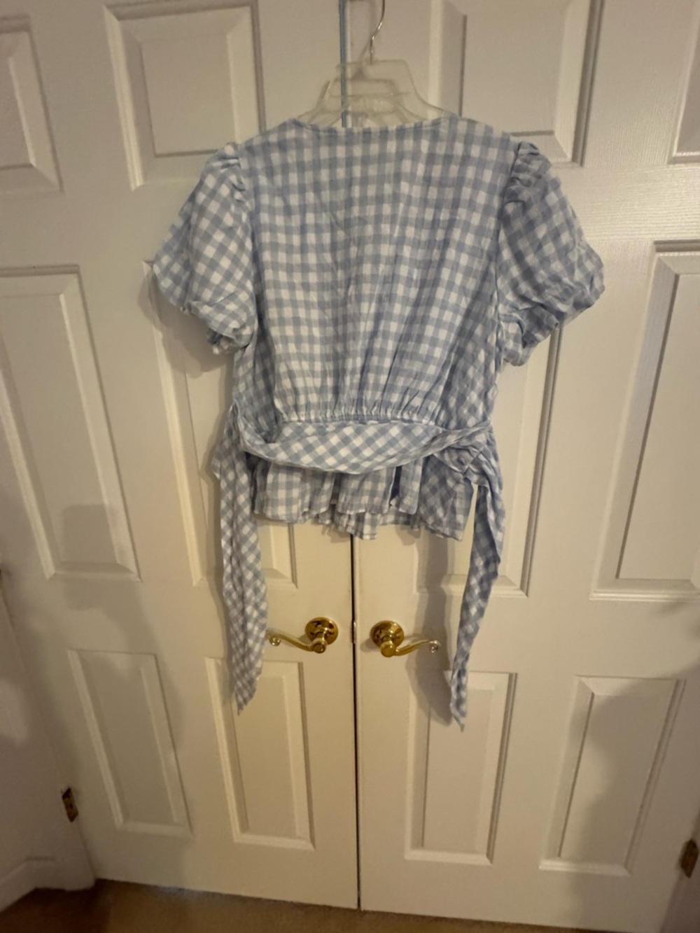 Anthropologie Light Blue and White Gingham Button-Front Tie-Waist Blouse - Picture 4 of 9